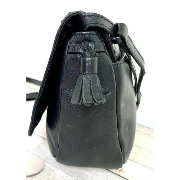 Eddie Bauer BLACK GENUINE LEATHER TASSELS FLAP MINI SHOULDER BAG CROSSBODY PURSE - Picture 5 of 11